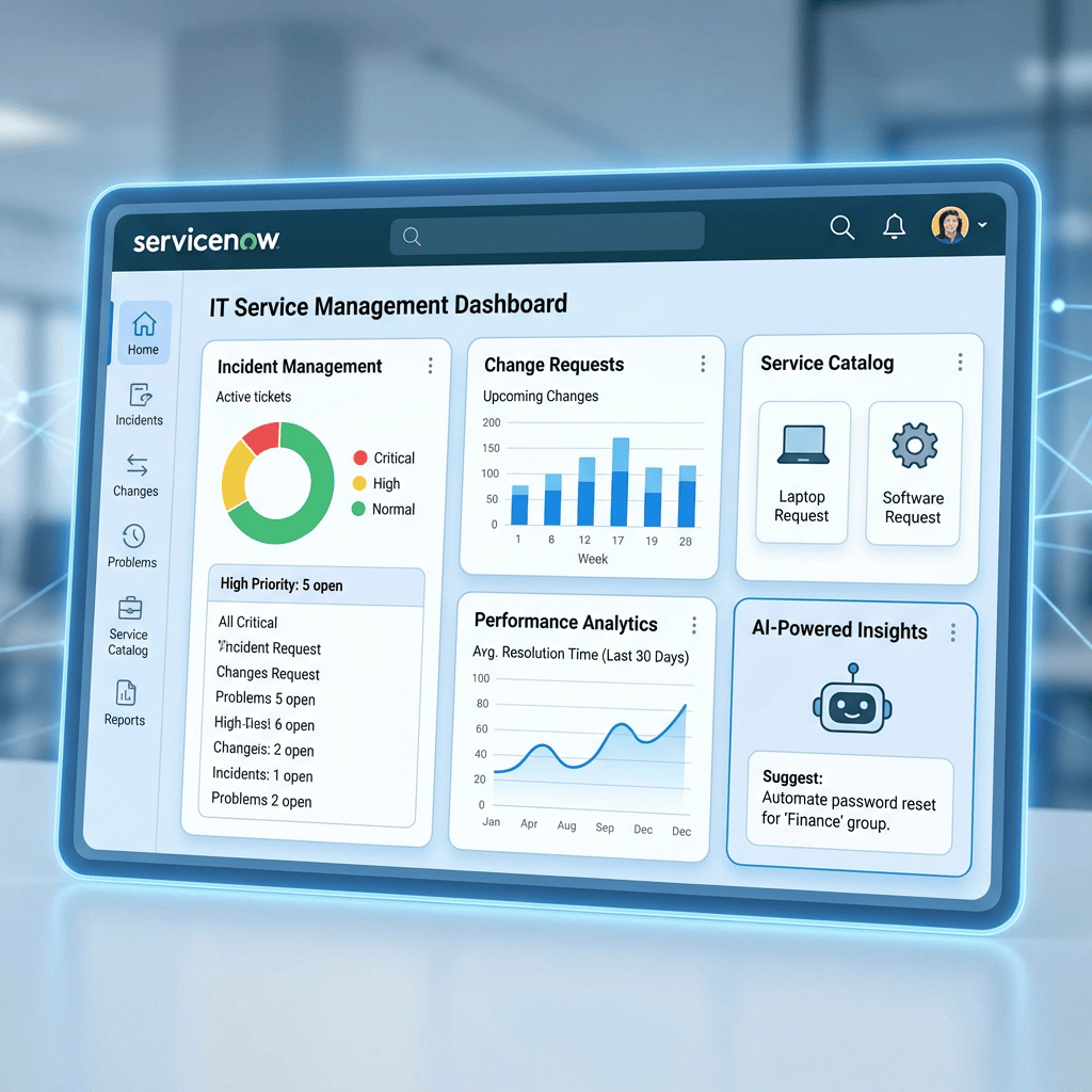 Modern ServiceNow dashboard interface illustration