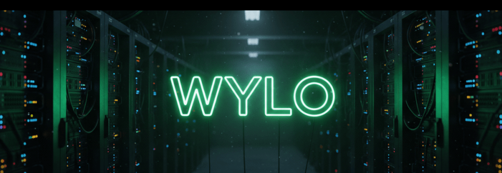 A wide landscape banner image of a glowing neon sign spelling "WYLO" in a single horizontal line, bright green neon tube letters against a dark server room background with blinking server rack lights. The letters W, Y, L, O are all on one line, centered, large and clearly readable. Dark moody atmosphere, tech aesthetic, cinematic lighting.
